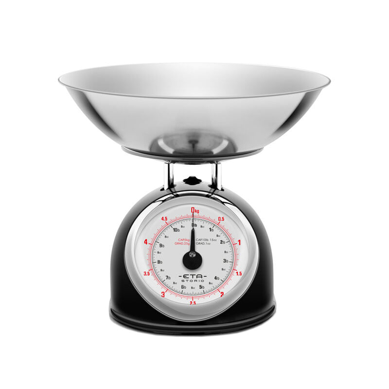 Electronice si Electrocasnice - Electrocasnice bucatarie - Mixere, tocatoare & roboti de bucatarie - Cantare de bucatarie - Cantar mecanic de bucatarie ETA Storio 5777 NEGRU, 5 kg, precizie 25g, vas 5 L din otel inoxidabil - Infinity.ro