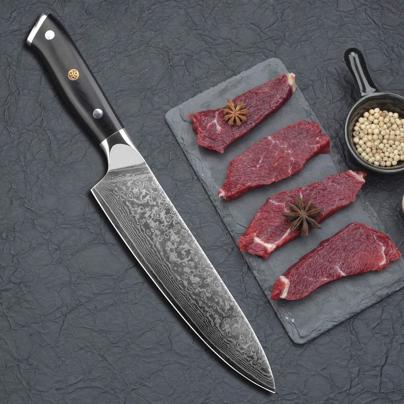 Casa si Gradina - Bucatarie si vesela - Vesela si tacamuri - Cutite si seturi de cutite - Cutitul Bucatarului, Cutit Profesional , Otel de Damasc, HRC 60, Lungimea Lamei 20 cm, 66 Straturi, Cutie Inclusa - Infinity.ro