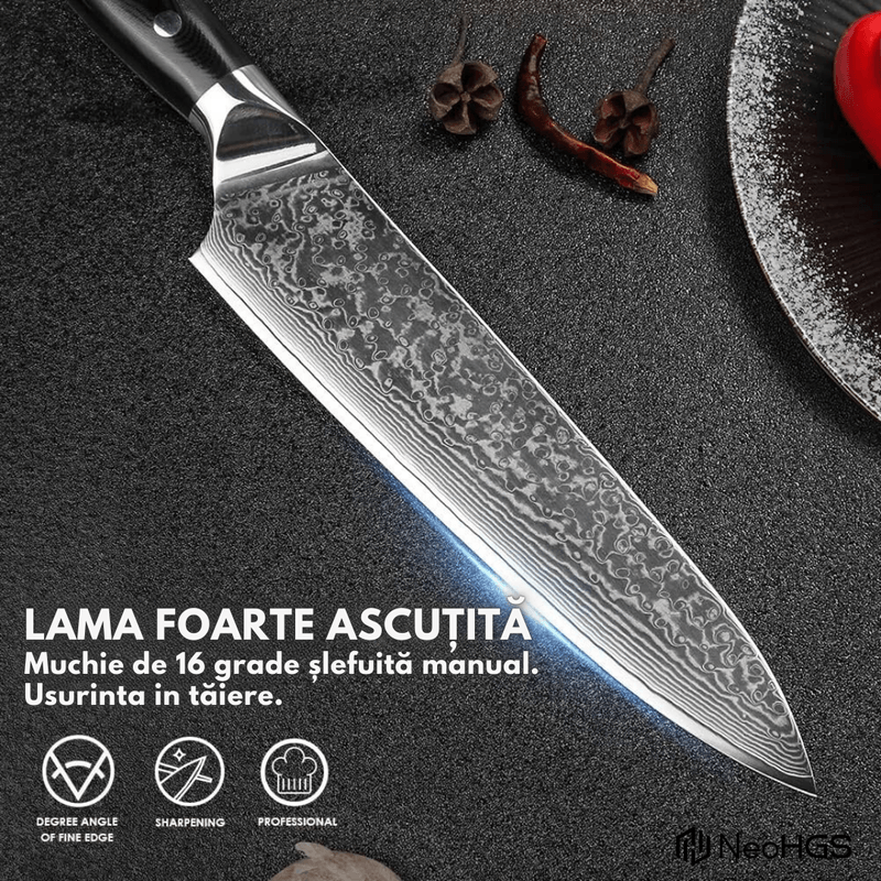 Casa si Gradina - Bucatarie si vesela - Vesela si tacamuri - Cutite si seturi de cutite - Cutitul Bucatarului, Cutit Profesional , Otel de Damasc, HRC 60, Lungimea Lamei 20 cm, 66 Straturi, Cutie Inclusa - Infinity.ro