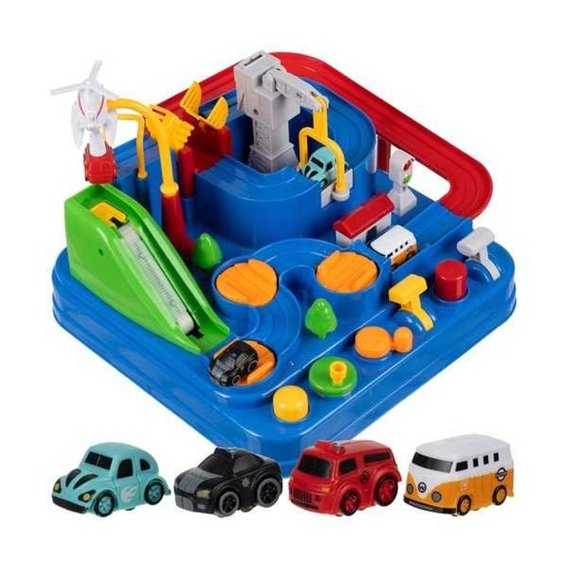 Jucarii, Copii si Bebe - Jucarii si jocuri - Vehicule si jucarii cu telecomanda - Masinute - Pista de curse cu obstacole, 4 masinute si helicopter - Infinity.ro