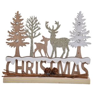 Decoratiune craciun lemn, model cerb si brazi, auriu, 20x 17 cm