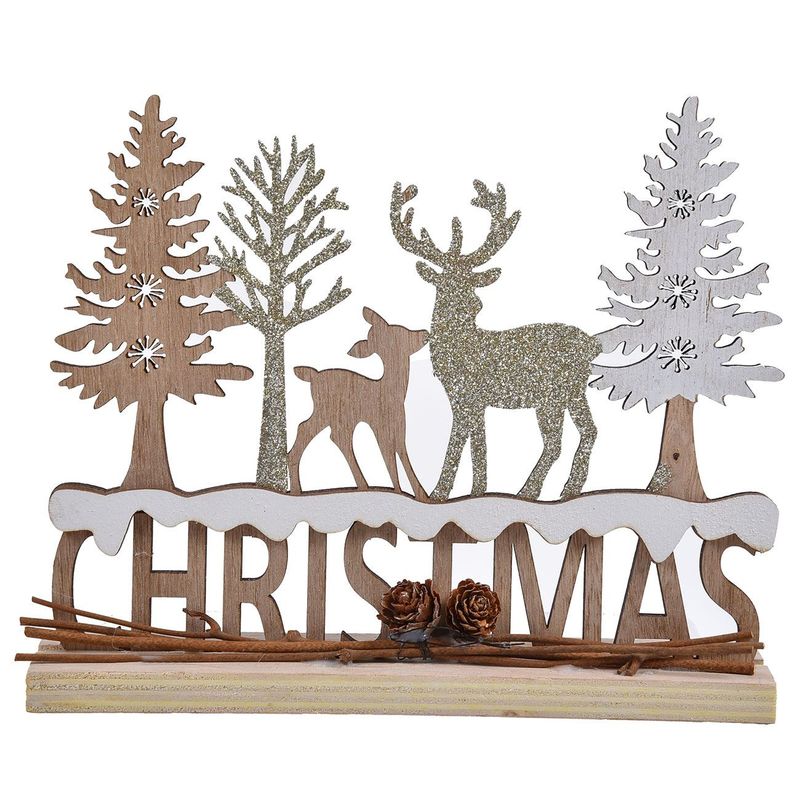 Casa si Gradina - Decoratiuni - Decoratiuni de sezon - Decoratiune craciun lemn, model cerb si brazi, auriu, 20x 17 cm - Infinity.ro