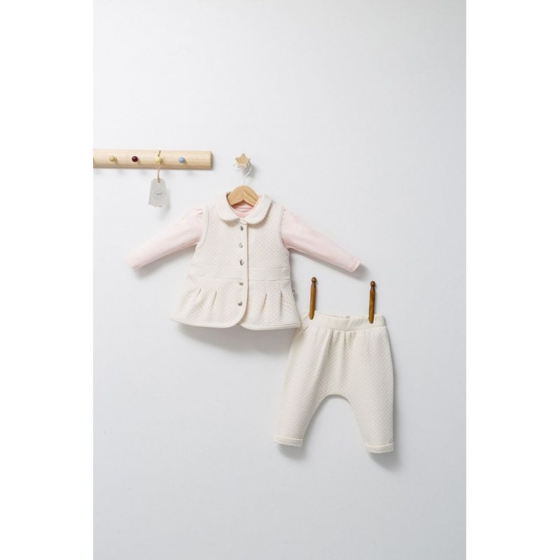 Fashion, accesorii si bijuterii - Copii - Imbracaminte copii - Treninguri si compleuri copii - Set 3 piese: pantaloni, bluzita si vestuta eleganta pentru bebelusi Paris Love, Tongs baby (Culoare: Ecru, Marime: 6-9 luni) - Infinity.ro