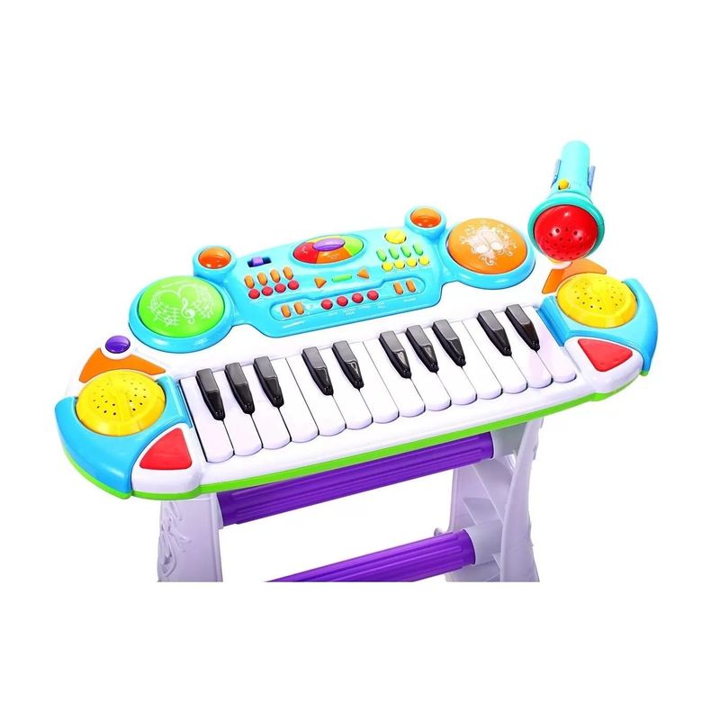 Jucarii, Copii si Bebe - Jucarii si jocuri - Jucarii de rol - Instrumente muzicale de jucarie - Instrument muzical pianina electronica malplay cu scaun si microfon 45 cm inaltime albastru - Infinity.ro