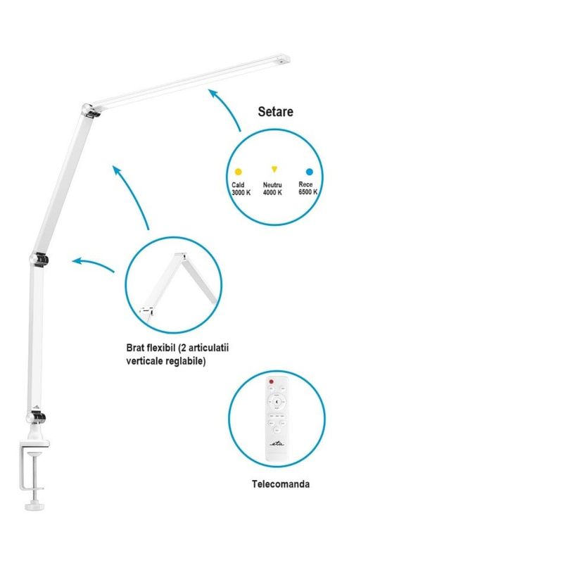 Casa si Gradina - Corpuri si surse de iluminat - Veioze si lampi - Lampadare - Lampa de masa ETA 2893 90010, 10 W, LED, brat flexibil, reglare intensitate lumina, telecomanda, alb - Infinity.ro
