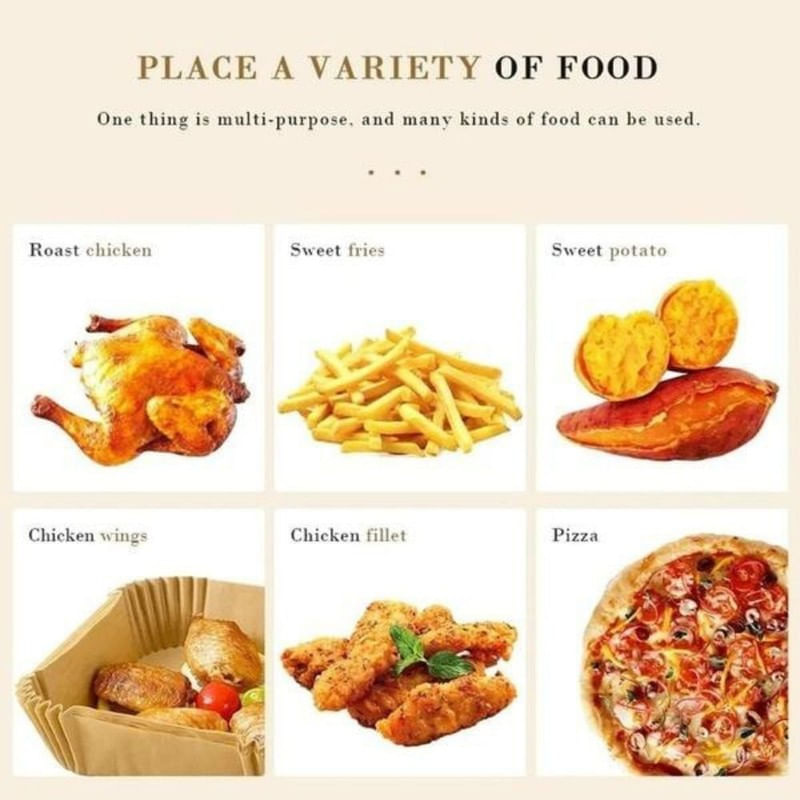 Market - Curatenie si intretinere casa - Produse bucatarie - Pungi si folii alimentare - Set 100 Hartii de copt sau prajit pentru Airfryer, Forma patrat, in suport de plastic cu capac, 20 x 20 cm - Infinity.ro