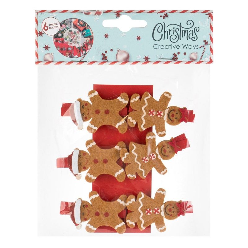 Fashion, accesorii si bijuterii - Femei - Accesorii femei - Accesorii pentru par femei - Set clame decorative craciun, model gingerbread si om de zapada, rosu, 6 bucati, lemn si fetru - Infinity.ro