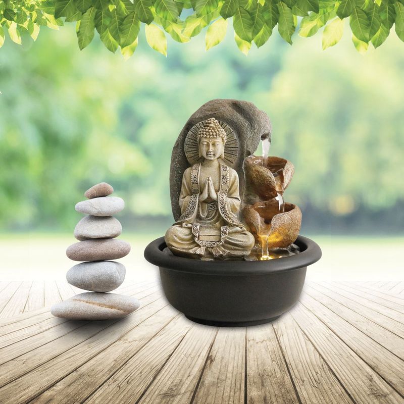 Casa si Gradina - Decoratiuni - Obiecte decorative - Accesorii decorative - Fantana decorativa interior, led, buddha, plastic, negru/gri, 16 x 20cm - Infinity.ro