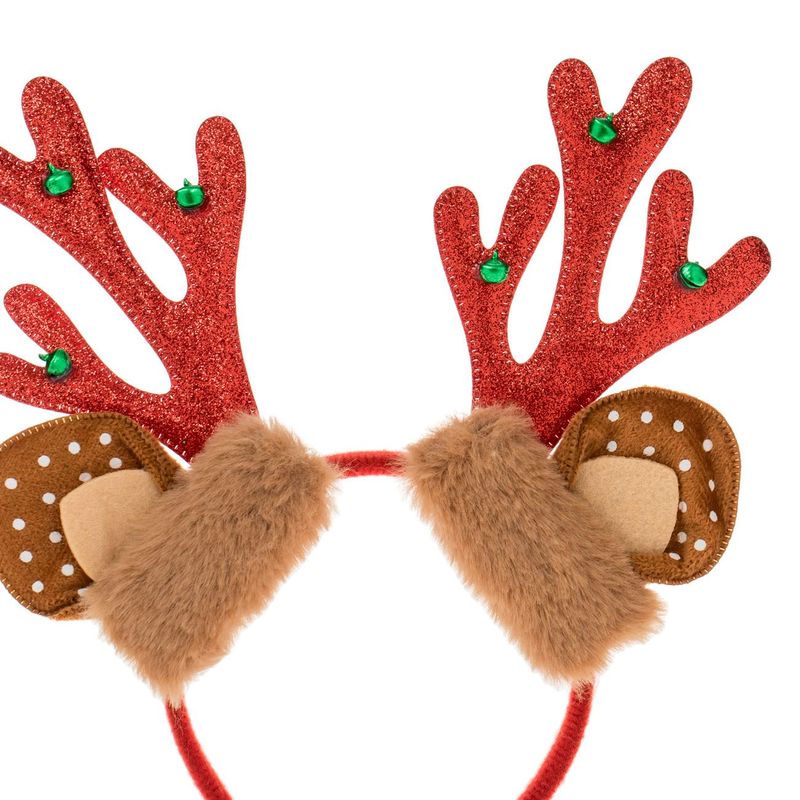 Fashion, accesorii si bijuterii - Copii - Accesorii copii - Accesorii pentru par copii - Coronita craciun ren, fara brand, urechi blana, cornite rosii, clopotei, glitter, 12cm - Infinity.ro