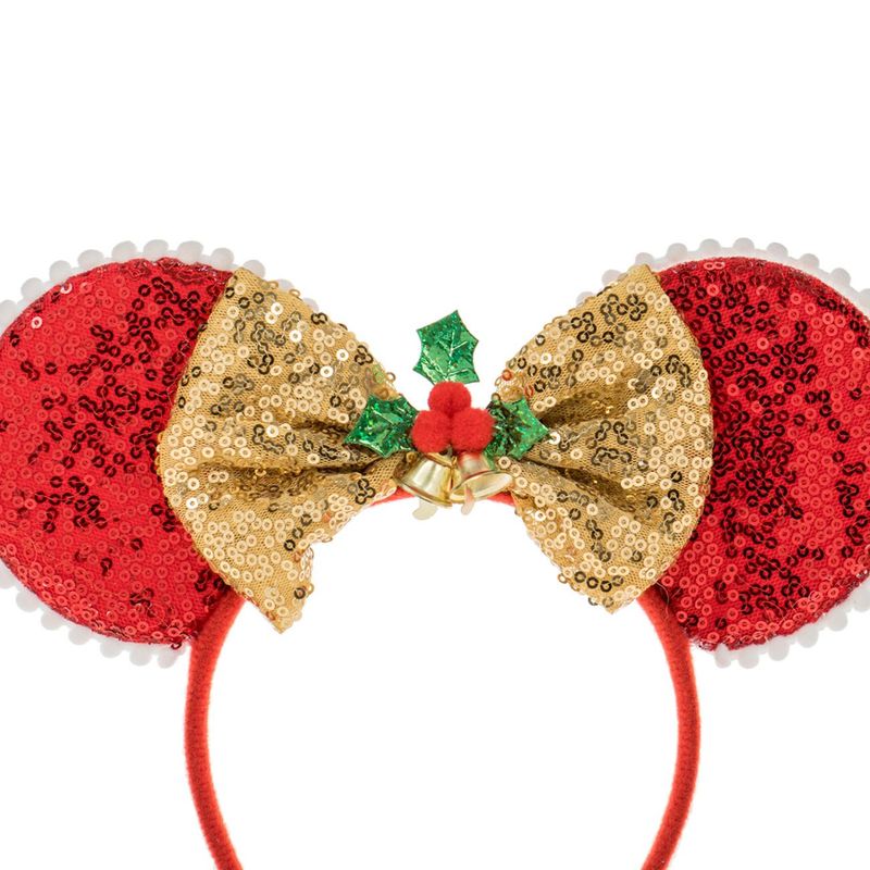 Fashion, accesorii si bijuterii - Copii - Accesorii copii - Accesorii pentru par copii - Coronita par craciun, funda aurie paiete, urechi rosii, vasc, 9cm, poliéster - Infinity.ro
