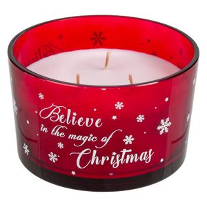 Lumanare decorativa, believe in the magic of christmas, 8 x 13cm, alba in pahar rosu, 3 fitiluri