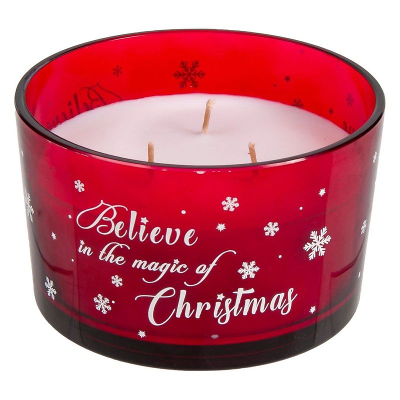 Casa si Gradina - Decoratiuni - Aromaterapie si lumanari - Lumanari si candele - Lumanare decorativa, believe in the magic of christmas, 8 x 13cm, alba in pahar rosu, 3 fitiluri - Infinity.ro