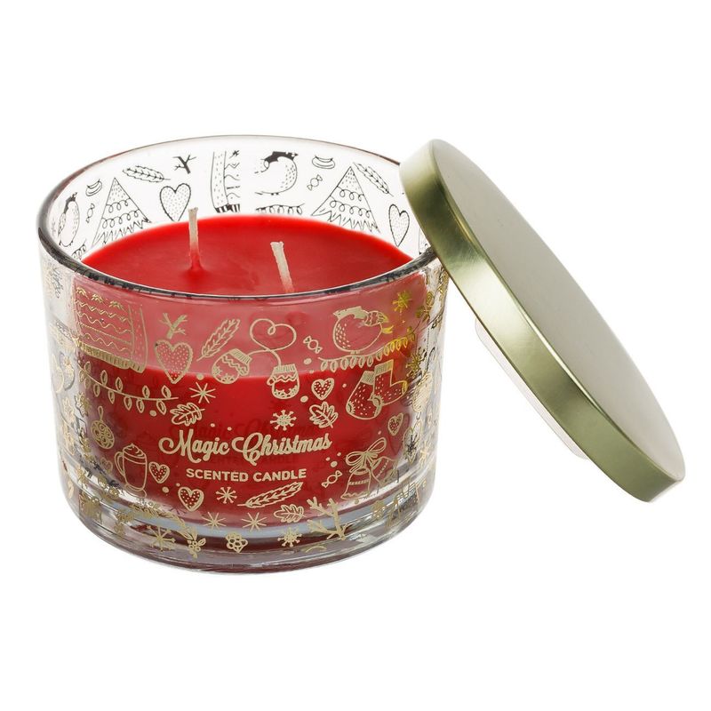 Casa si Gradina - Decoratiuni - Aromaterapie si lumanari - Lumanari si candele - Lumanare parfum craciun, magic christmas, mere si scortisoara, pahar sticla, capac metalic, 2 fitiluri, rosu, 30 ore - Infinity.ro