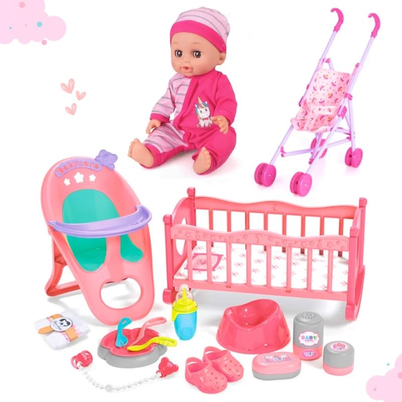 Jucarii, Copii si Bebe - Jucarii si jocuri - Papusi si accesorii - Papusi - Papusa Interactiva 30cm, 12 sunete, 12 accesorii, patut, carucior, scaun pentru hranire - Infinity.ro