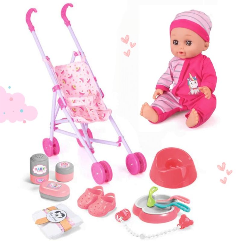 Jucarii, Copii si Bebe - Jucarii si jocuri - Papusi si accesorii - Papusi - Papusa Interactiva 30cm, 12 sunete, 12 accesorii, patut, carucior, scaun pentru hranire - Infinity.ro