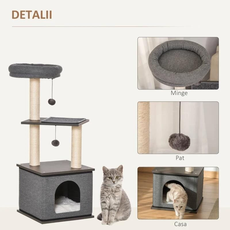 Petshop - Accesorii petshop - Jucarii animale - Ansambluri de joaca - Ansamblu de joaca pentru pisici, cu platforme, culcus si ciucuri, gri si bej, 40x40x104 cm - Infinity.ro
