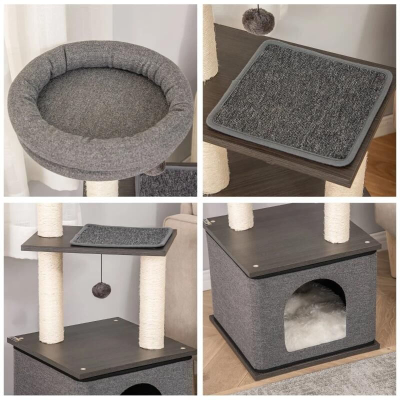 Petshop - Accesorii petshop - Jucarii animale - Ansambluri de joaca - Ansamblu de joaca pentru pisici, cu platforme, culcus si ciucuri, gri si bej, 40x40x104 cm - Infinity.ro