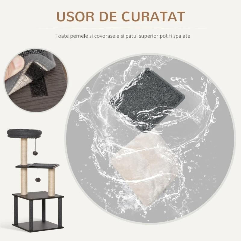 Petshop - Accesorii petshop - Jucarii animale - Ansambluri de joaca - Ansamblu de joaca pentru pisici, cu platforme, culcus si ciucuri, gri si bej, 40x40x104 cm - Infinity.ro