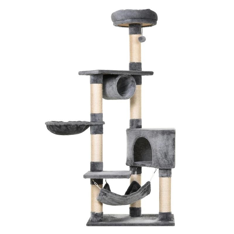 Petshop - Accesorii petshop - Jucarii animale - Ansambluri de joaca - Ansamblu de joaca pentru pisici, cu platforme, culcusuri si ciucure, gri si bej, 60x40x154 cm - Infinity.ro