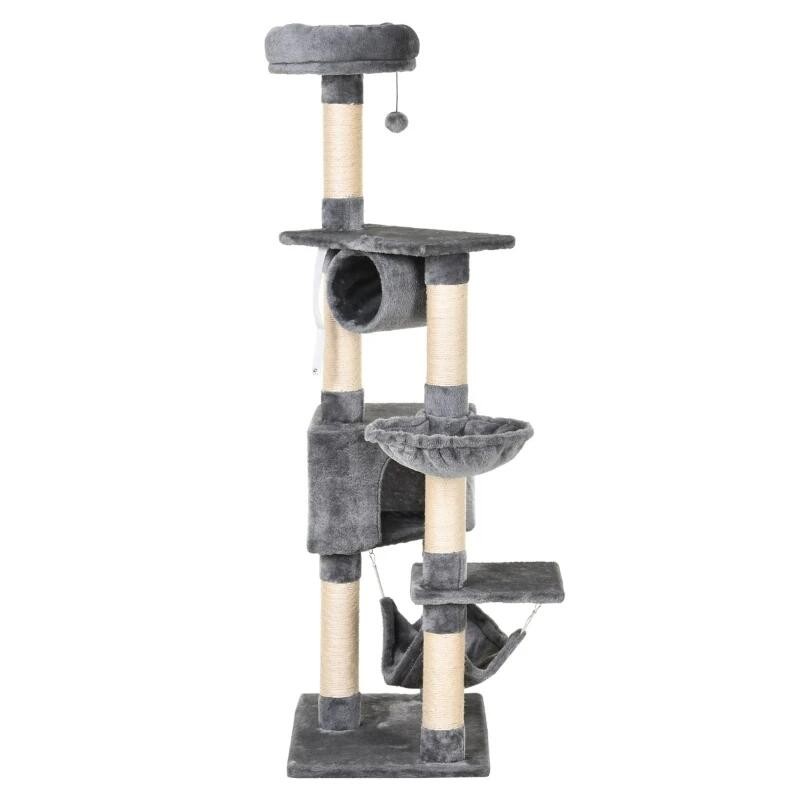 Petshop - Accesorii petshop - Jucarii animale - Ansambluri de joaca - Ansamblu de joaca pentru pisici, cu platforme, culcusuri si ciucure, gri si bej, 60x40x154 cm - Infinity.ro