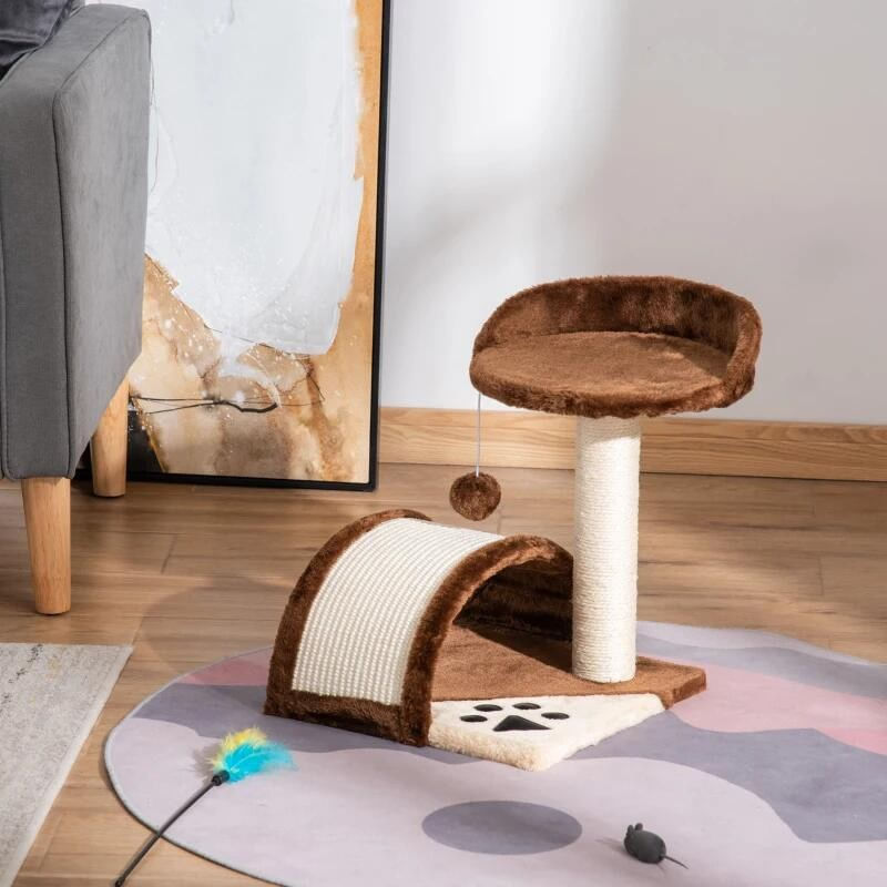 Petshop - Accesorii petshop - Jucarii animale - Ansambluri de joaca - Ansamblu de joaca pentru pisici, cu platforma, culcus/punte si ciucur, maro si bej, 35.5x37x46 cm - Infinity.ro