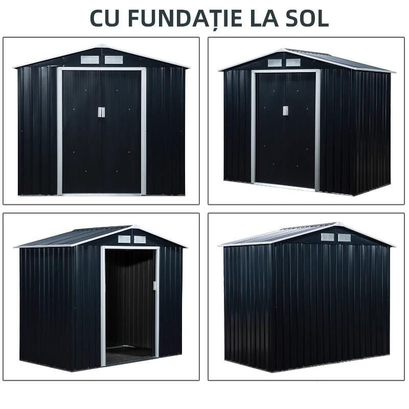 Casa si Gradina - Gradina si terasa - Casute de gradina - Casuta/magazie/sopron de gradina pentru depozitare unelte, cu structura baza inclusa, otel si PP, gri inchis, 213x130x185 cm - Infinity.ro