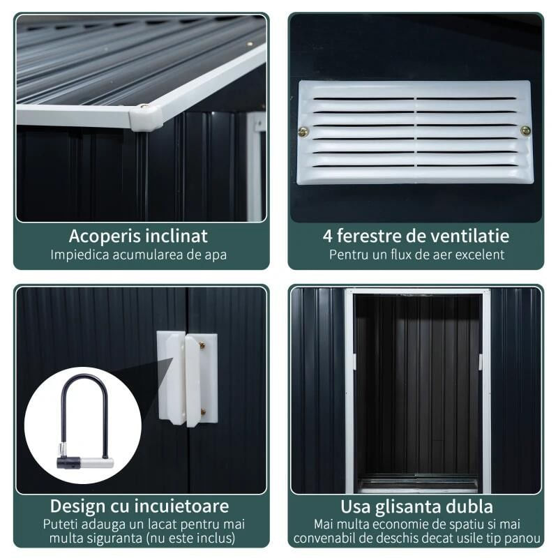 Casa si Gradina - Gradina si terasa - Casute de gradina - Casuta/magazie/sopron de gradina pentru depozitare unelte, cu structura baza inclusa, otel si PP, gri inchis, 213x130x185 cm - Infinity.ro