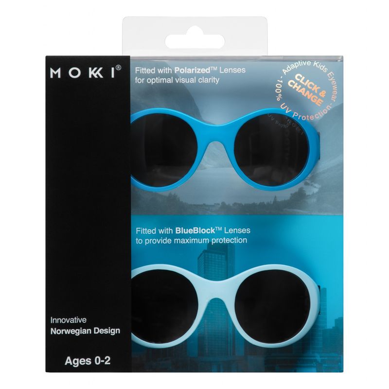 Fashion, accesorii si bijuterii - Copii - Accesorii copii - Ochelari de soare copii - Ochelari de soare pentru copii MOKKI Click & Change, protectie UV, bleu, 0-2 ani, set 2 perechi - Infinity.ro