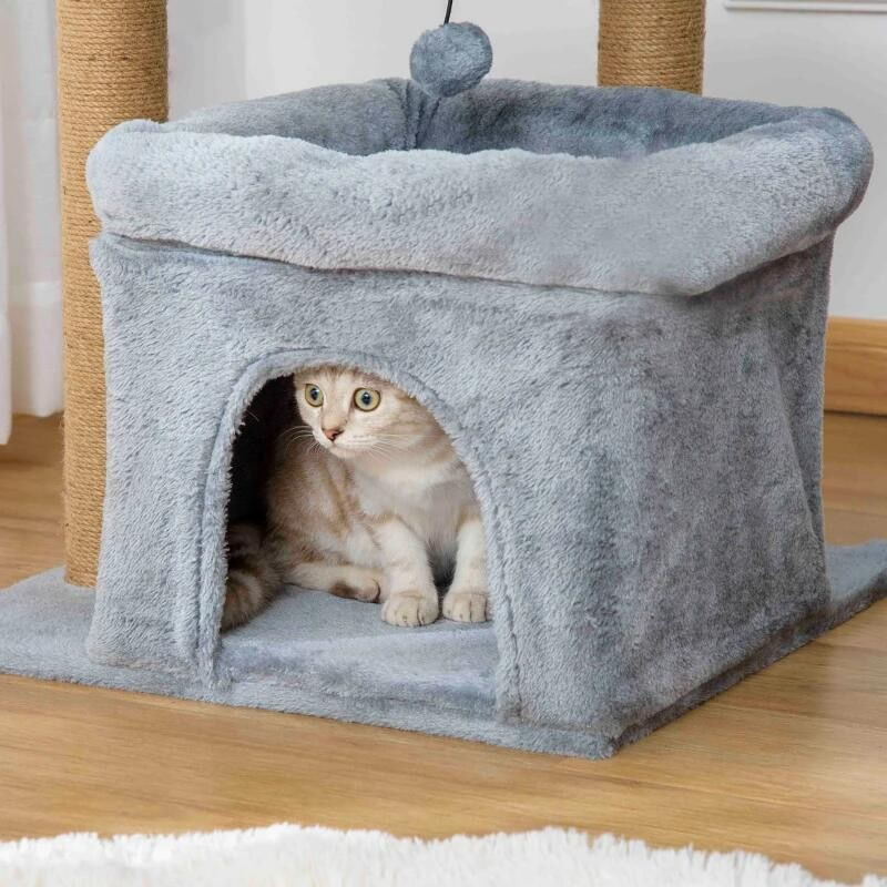 Petshop - Accesorii petshop - Jucarii animale - Ansambluri de joaca - Ansamblu de joaca pentru pisici, cu platforme, culcus si ciucure, gri si bej, 48x48x84 cm - Infinity.ro