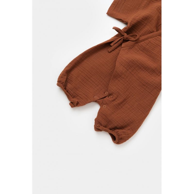 Fashion, accesorii si bijuterii - Copii - Imbracaminte copii - Salopete copii - Salopeta petrecuta din muselina, BabyCosy, 100% bumbac organic, Caramiziu (Marime: 9-12 luni) - Infinity.ro
