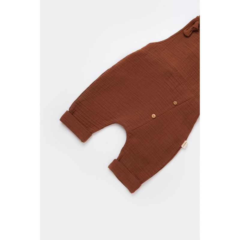 Fashion, accesorii si bijuterii - Copii - Imbracaminte copii - Salopete copii - Salopeta de vara cu pantaloni lungi din muselina, BabyCosy, 100%bumbac, caramiziu (Marime: 3-6 Luni) - Infinity.ro