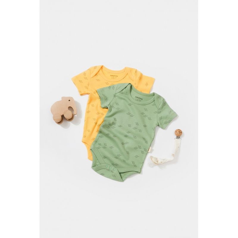 Fashion, accesorii si bijuterii - Copii - Imbracaminte copii - Body-uri copii - Set 2 body-uri Printed, BabyCosy, 50% modal+50% bumbac, Lamaie/Verde (Marime: 9-12 luni) - Infinity.ro