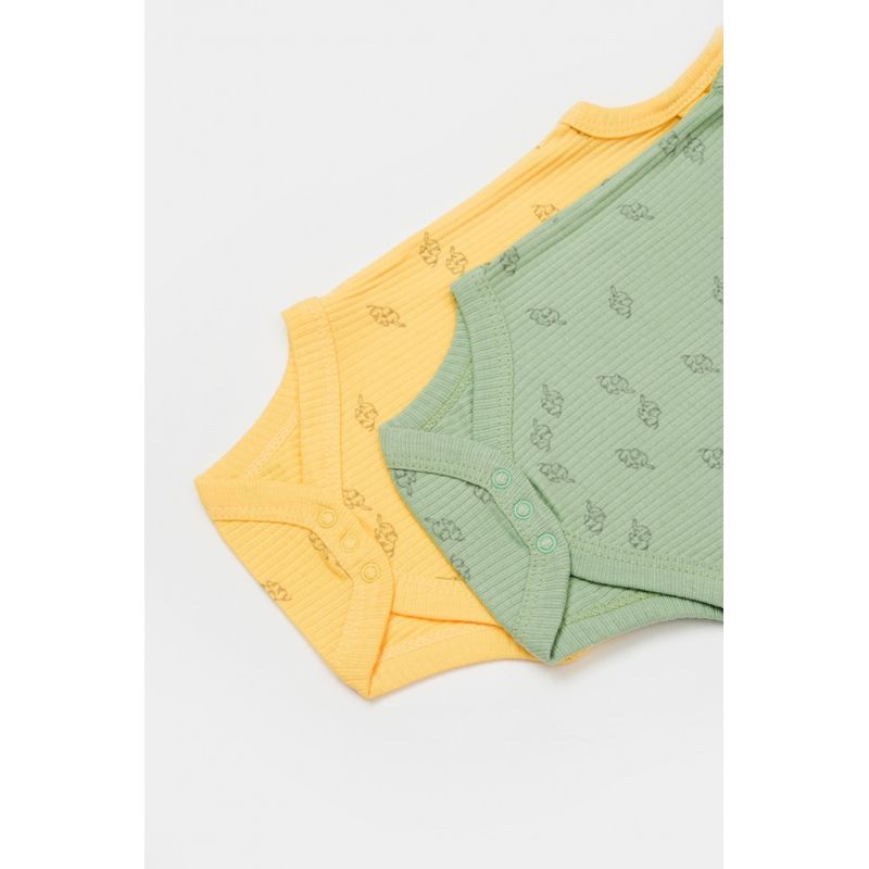 Fashion, accesorii si bijuterii - Copii - Imbracaminte copii - Body-uri copii - Set 2 body-uri fara maneci Printed, BabyCosy, 50% modal+50% bumbac, Lamaie/Verde (Marime: 0-3 Luni) - Infinity.ro
