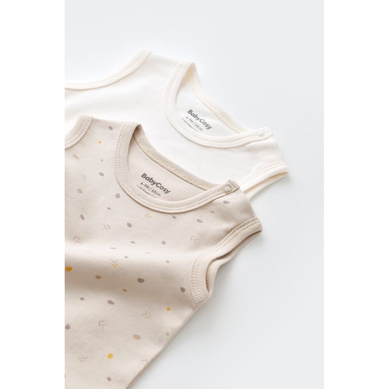 Fashion, accesorii si bijuterii - Copii - Imbracaminte copii - Body-uri copii - Set 2 body-uri fara maneci bebe unisex -100% bumbac organic - Crem cu buline, BabyCosy (Marime: 0-3 Luni) - Infinity.ro