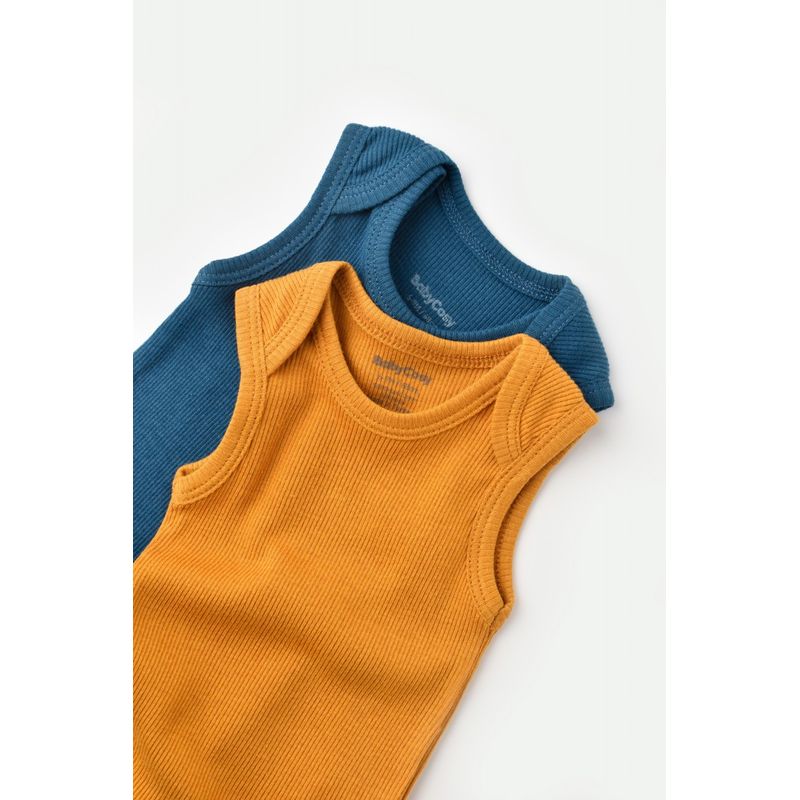 Fashion, accesorii si bijuterii - Copii - Imbracaminte copii - Body-uri copii - Set 2 body-uri fara maneci bebe unisex din bumbac organic si modal - Bleumarin/Sofran, BabyCosy (Marime: 9-12 luni) - Infinity.ro