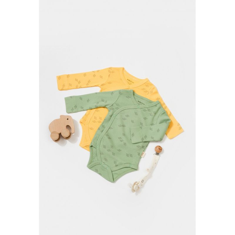 Fashion, accesorii si bijuterii - Copii - Imbracaminte copii - Body-uri copii - Set 2 body-uri petrecute Printed, BabyCosy, 50% modal+50% bumbac, Lamaie/Verde (Marime: 3-6 Luni) - Infinity.ro