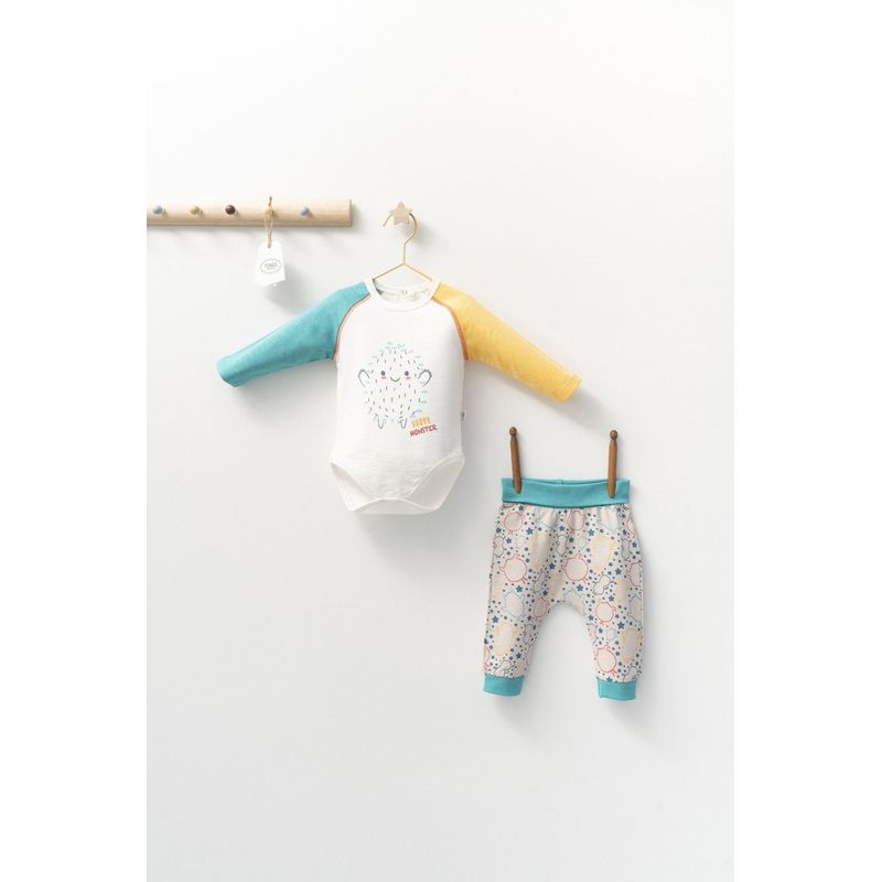 Fashion, accesorii si bijuterii - Copii - Imbracaminte copii - Body-uri copii - Set cu pantalonasi si body cu maneca lunga pentru bebelusi Monster, Tongs baby (Marime: 18-24 Luni, Culoare: Bleumarin) - Infinity.ro
