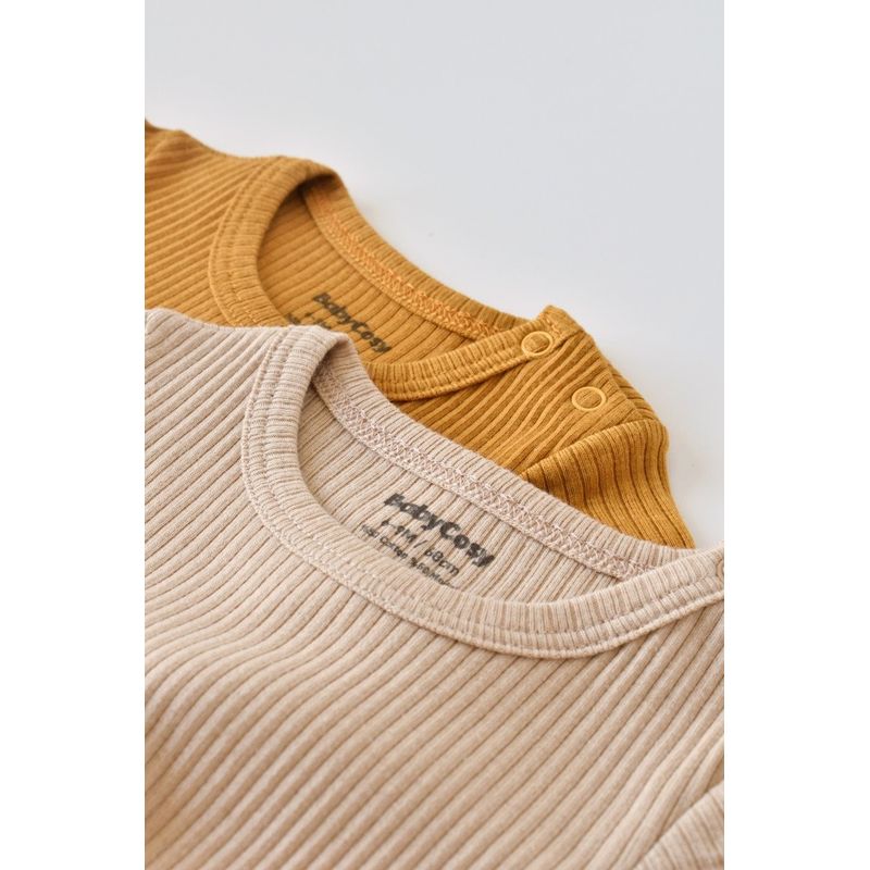 Fashion, accesorii si bijuterii - Copii - Imbracaminte copii - Body-uri copii - Set de 2 body-uri cu maneca scurta din bumbac organic si modal - Mustar/ Somon BabyCosy (Marime: 18-24 Luni) - Infinity.ro