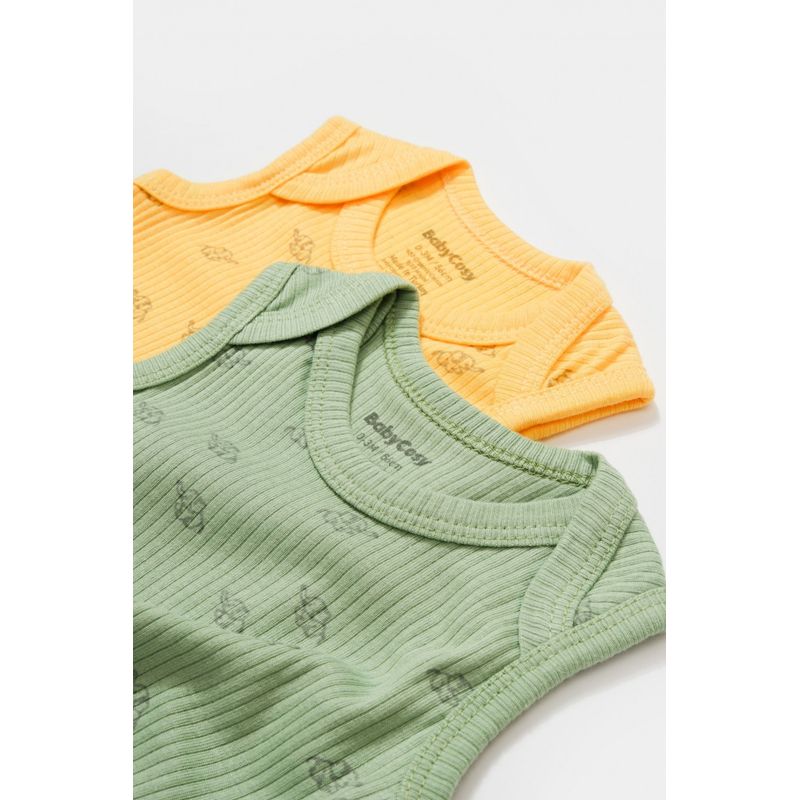 Fashion, accesorii si bijuterii - Copii - Imbracaminte copii - Body-uri copii - Set 2 body-uri fara maneci Printed, BabyCosy, 50% modal+50% bumbac, Lamaie/Verde (Marime: 9-12 luni) - Infinity.ro