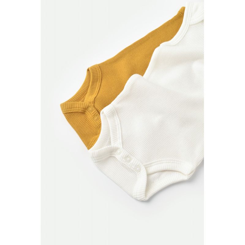Fashion, accesorii si bijuterii - Copii - Imbracaminte copii - Body-uri copii - Set 2 body-uri fara maneci bebe unisex din bumbac organic si modal - Mustar/Ecru, BabyCosy (Marime: 9-12 luni) - Infinity.ro