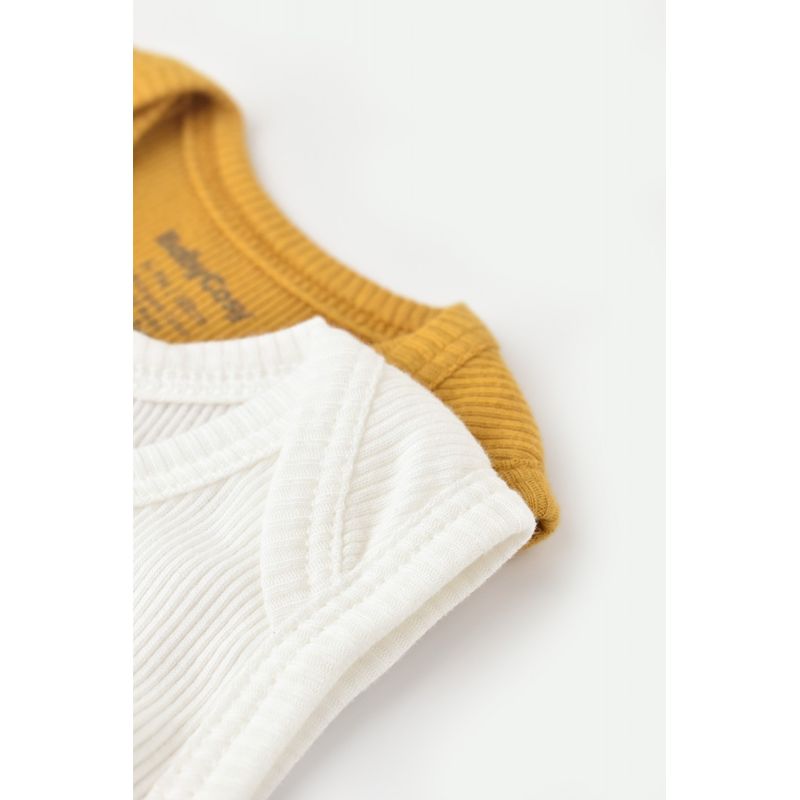 Fashion, accesorii si bijuterii - Copii - Imbracaminte copii - Body-uri copii - Set 2 body-uri fara maneci bebe unisex din bumbac organic si modal - Mustar/Ecru, BabyCosy (Marime: 9-12 luni) - Infinity.ro