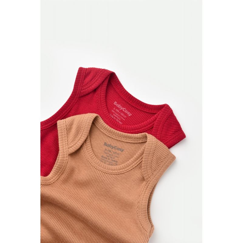 Fashion, accesorii si bijuterii - Copii - Imbracaminte copii - Body-uri copii - Set 2 body-uri fara maneci bebe unisex din bumbac organic si modal - Maro/Rosu, BabyCosy (Marime: 12-18 Luni) - Infinity.ro