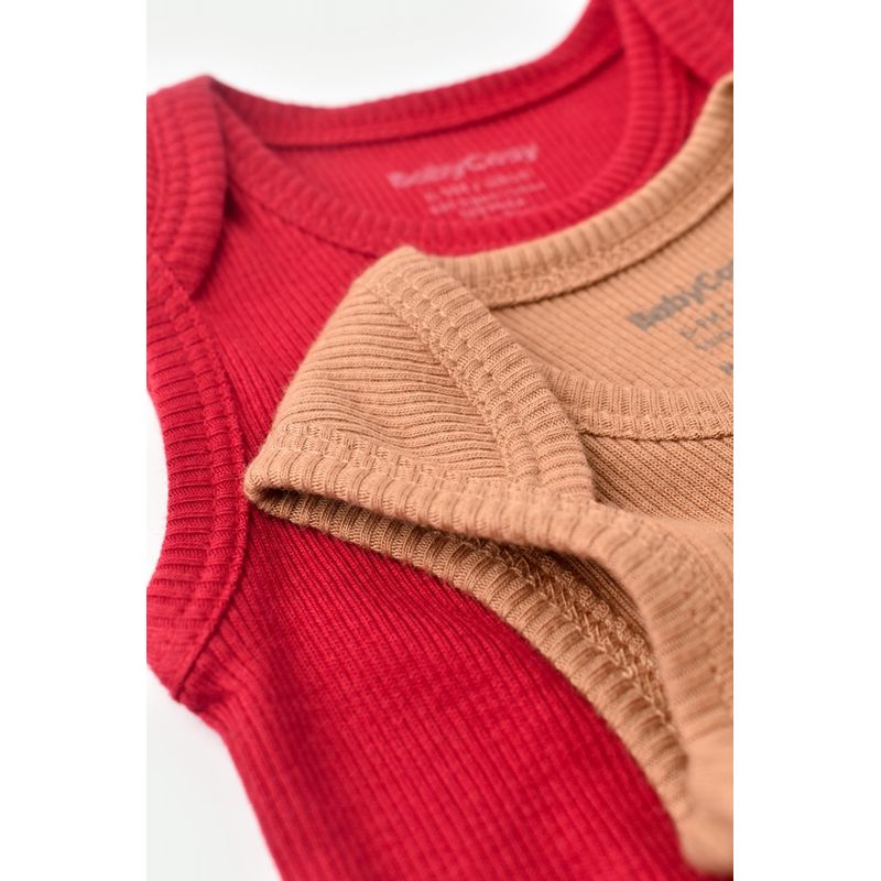Fashion, accesorii si bijuterii - Copii - Imbracaminte copii - Body-uri copii - Set 2 body-uri fara maneci bebe unisex din bumbac organic si modal - Maro/Rosu, BabyCosy (Marime: 12-18 Luni) - Infinity.ro
