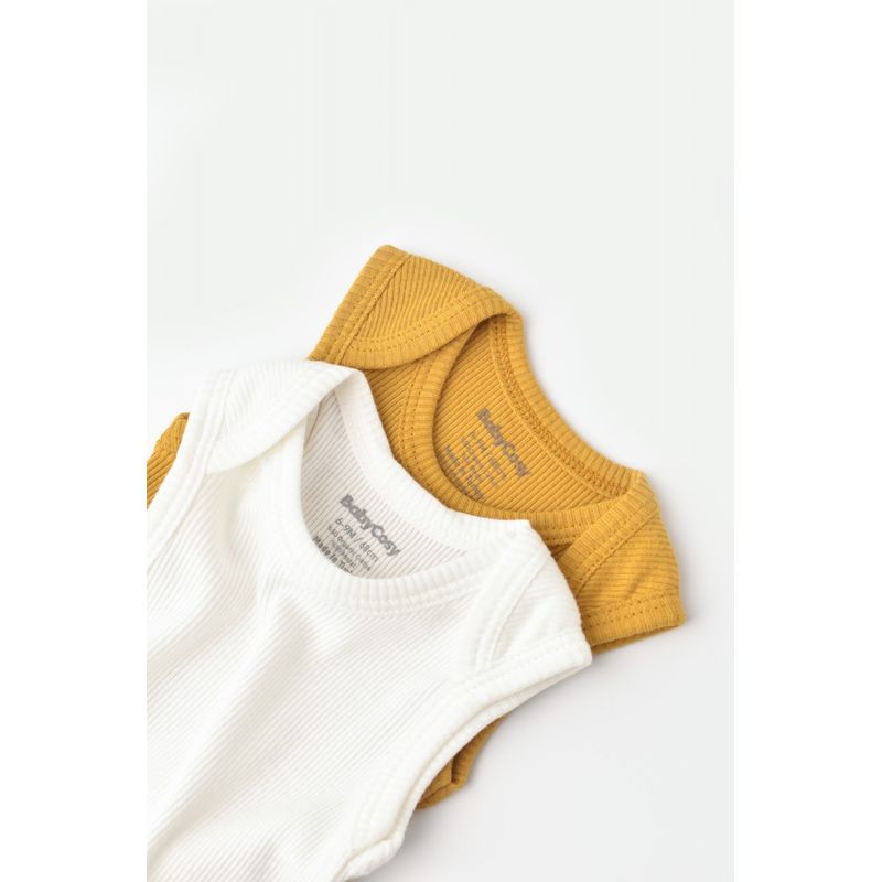 Fashion, accesorii si bijuterii - Copii - Imbracaminte copii - Body-uri copii - Set 2 body-uri fara maneci bebe unisex din bumbac organic si modal - Mustar/Ecru, BabyCosy (Marime: 18-24 Luni) - Infinity.ro