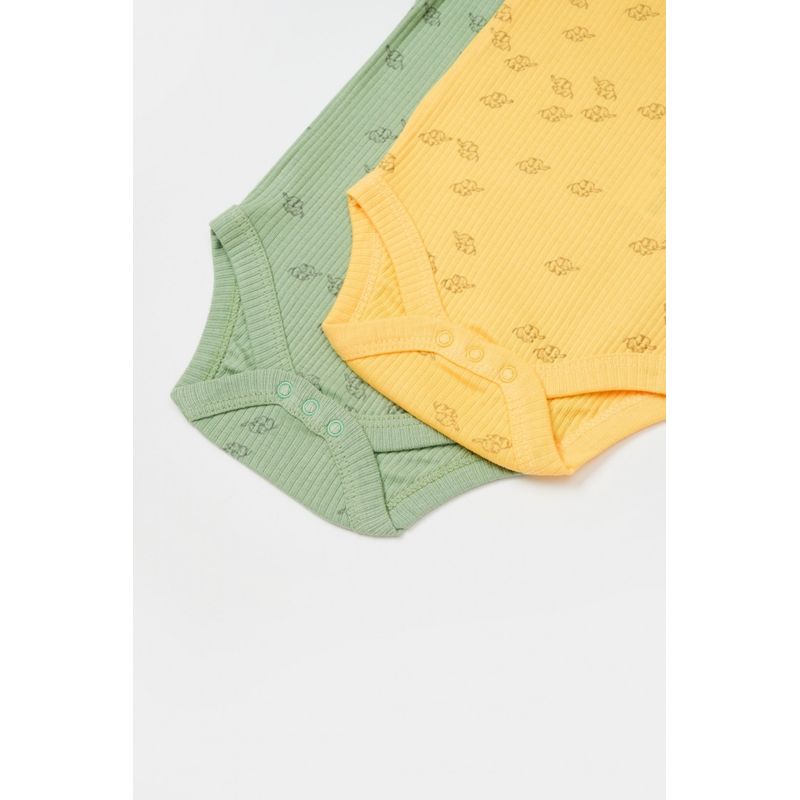 Fashion, accesorii si bijuterii - Copii - Imbracaminte copii - Body-uri copii - Set 2 body-uri cu maneca lunga Printed, BabyCosy, 50% modal+50% bumbac, Lamaie/Verde (Marime: 9-12 luni) - Infinity.ro
