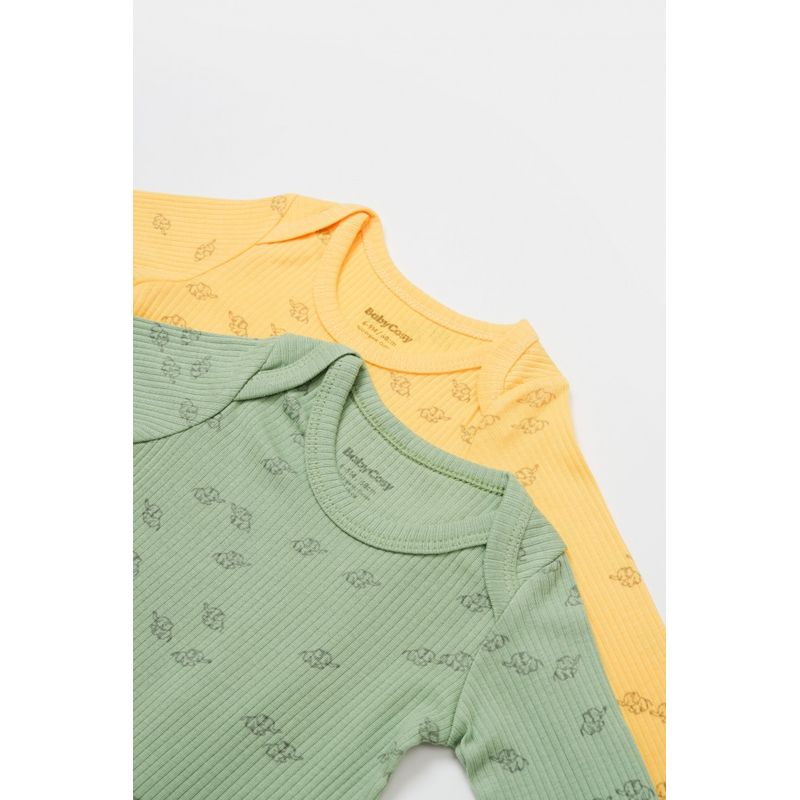 Fashion, accesorii si bijuterii - Copii - Imbracaminte copii - Body-uri copii - Set 2 body-uri cu maneca lunga Printed, BabyCosy, 50% modal+50% bumbac, Lamaie/Verde (Marime: 9-12 luni) - Infinity.ro