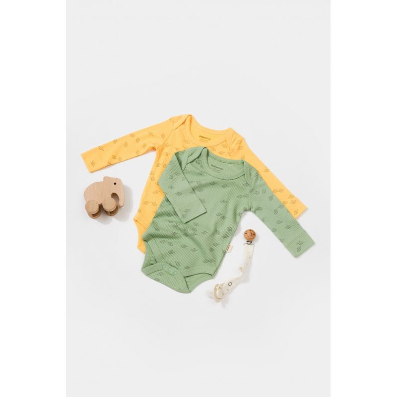 Fashion, accesorii si bijuterii - Copii - Imbracaminte copii - Body-uri copii - Set 2 body-uri cu maneca lunga Printed, BabyCosy, 50% modal+50% bumbac, Lamaie/Verde (Marime: 6-9 luni) - Infinity.ro
