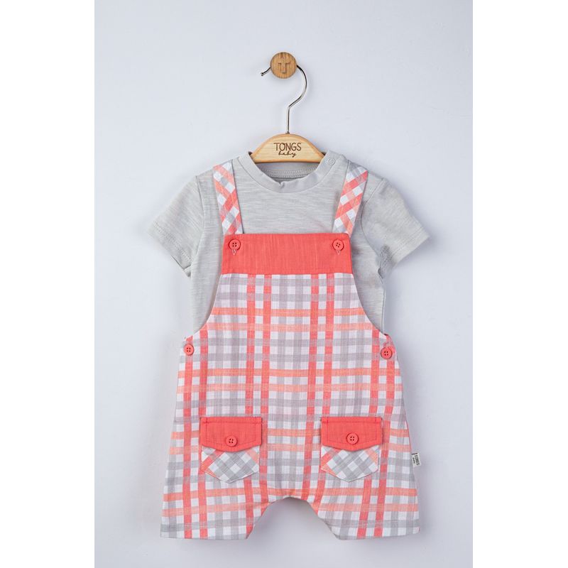 Fashion, accesorii si bijuterii - Copii - Imbracaminte copii - Salopete copii - Set salopeta cu tricou in carouri pentru bebelusi, Tongs baby (Culoare: Galben, Marime: 3-6 Luni) - Infinity.ro