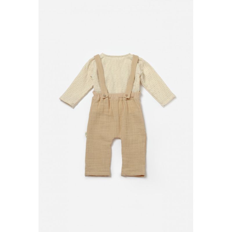 Fashion, accesorii si bijuterii - Copii - Imbracaminte copii - Body-uri copii - Set bluza si salopeta, Winter muselin, 100% bumbac - Apricot, BabyCosy (Marime: 6-9 luni) - Infinity.ro