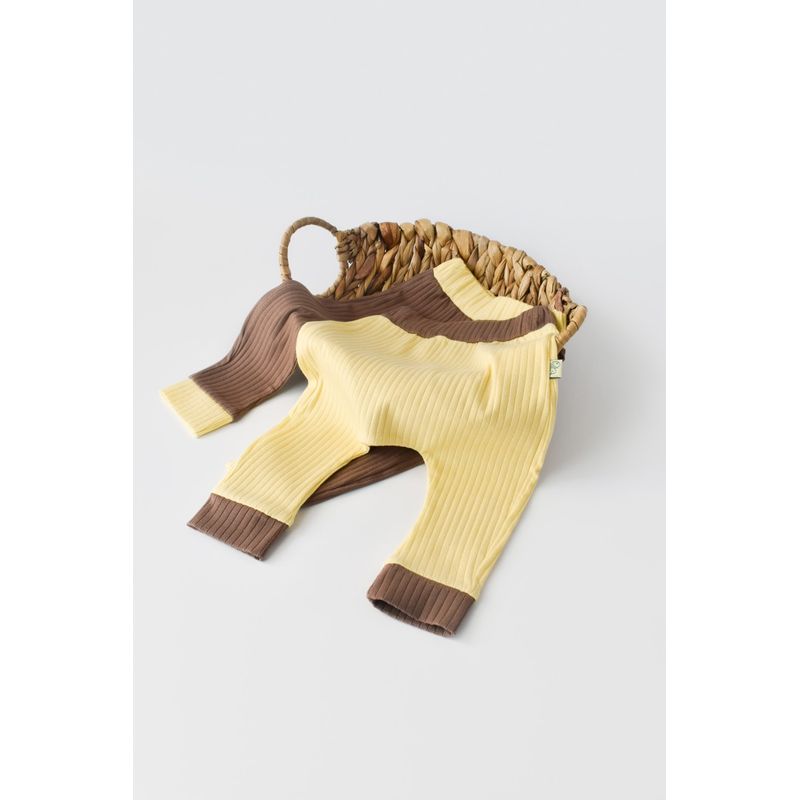 Fashion, accesorii si bijuterii - Copii - Imbracaminte copii - Pantaloni copii - Set 2 pantaloni Ribana Bebe Unisex din bumbac organic si 5%elastan - Vanilie/Maro BabyCosy (Marime: 18-24 Luni) - Infinity.ro